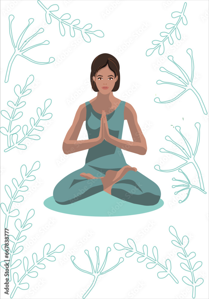  girl in a blue suit sits in the lotus position among tropical plants