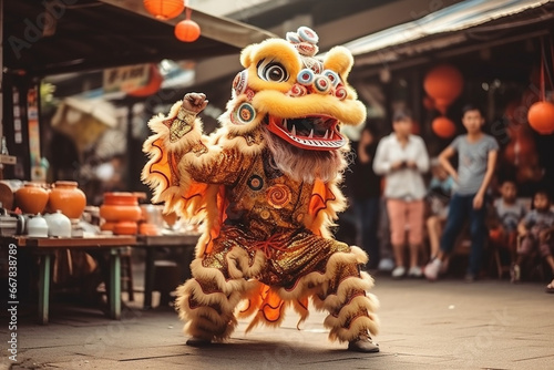 A traditional lion dance performance in a local market, love and creativity with copy space