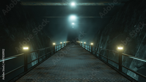 Mysterious Atmospheric Tunnel With Bright Illumination And Old Anti-Slip Floor. Dark Scene Without People. Sci-Fi Style. Tomorrow Aesthetic For Templates. Fashion Render Design. 3D Illustration