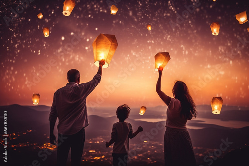 A family releasing sky lanterns as a symbol of good fortune, love and creativity with copy space