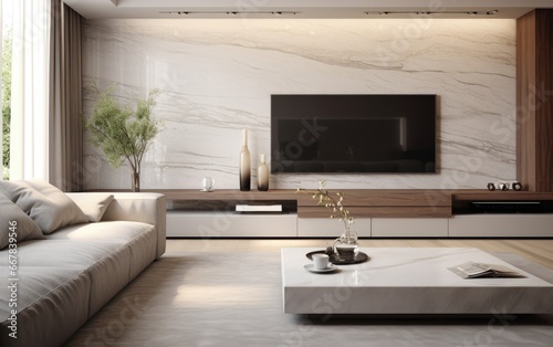 A modern living room with flat screen television and modern furniture