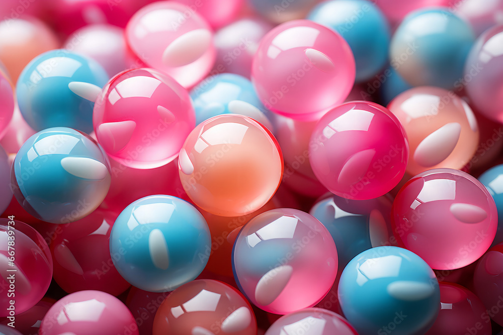 A pattern of tiny colored balls in blue, pink and orange colors.