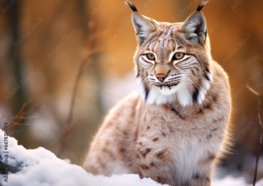 Fototapeta premium Lynx face walk winter. Winter wildlife Lynx in the snow, snowy forest in February. Close up Wildlife scene from nature, Slovakia. Winter wildlife in Europe.