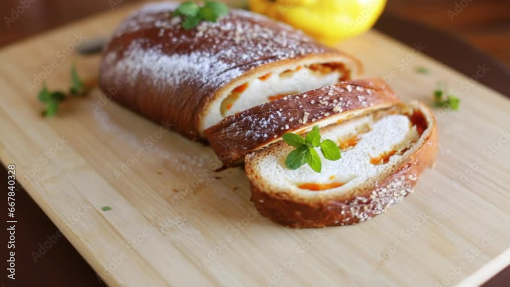 Cooked sweet pie with quince and pumpkin inside, yeast dough roll. Cooked sweet pie with quince and pumpkin inside, yeast dough roll.