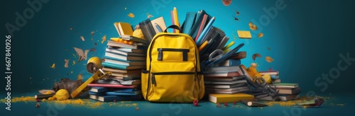 Yellow school backpack on blue background with school supplies, text space