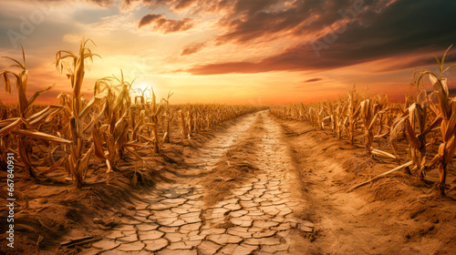Dry and cracked corn field