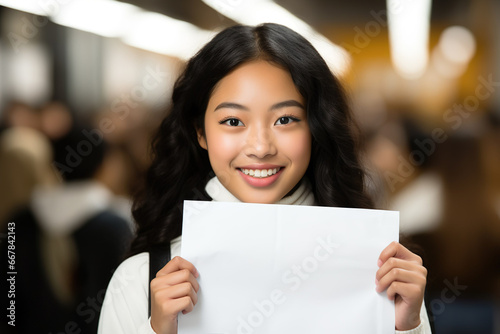 Asian student holding a blank sheet, space for text