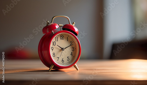 Red alarm clock on wooden table. Space for text, advertising, product or brand