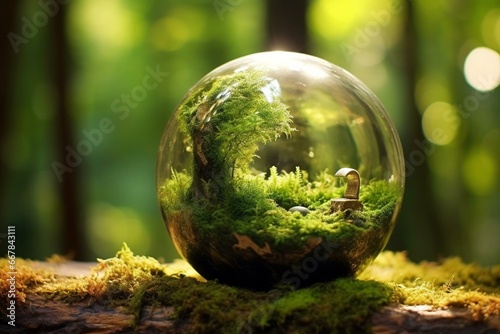 A sparkling globe nestled in forest moss, showcasing the enchanting beauty and tranquility of nature. Generative AI