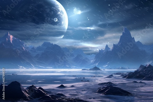 A snowy alien planet with mountains and a sky. Generative AI