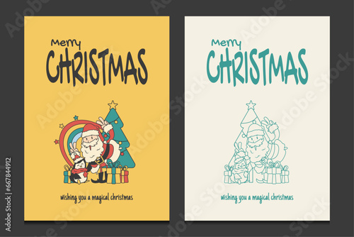 Merry Christmas greeting card with a cute Santa cartoon character, vector illustration