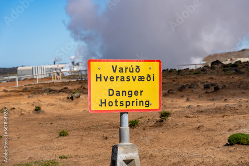 Danger Hot Spring sign at Gunnuhver Hot Spring Iceland