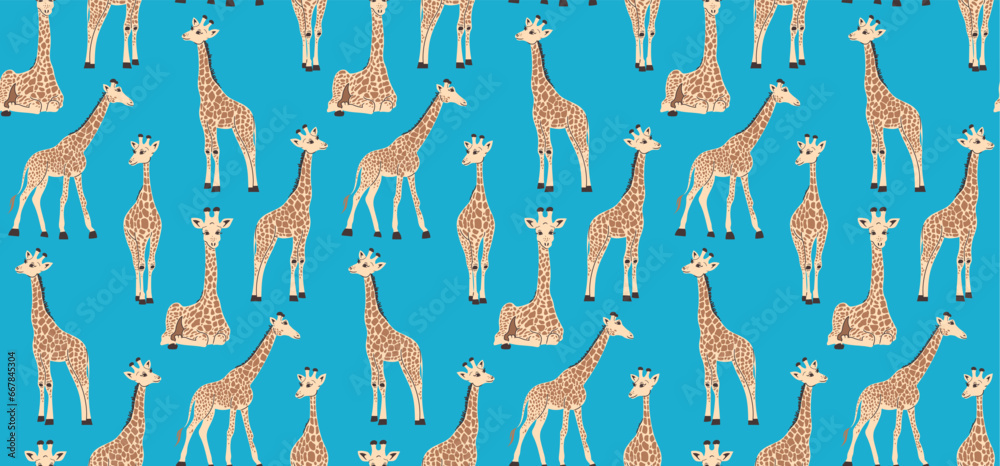 Seamless background with giraffes. Vector illustration of a pattern with tropical animals in a flat retro style.