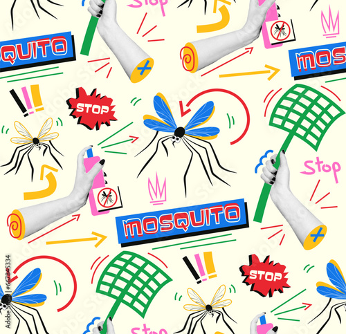 Colorful background on the theme of mosquitoes. Vector seamless print with collages in vintage style, halftone effect.