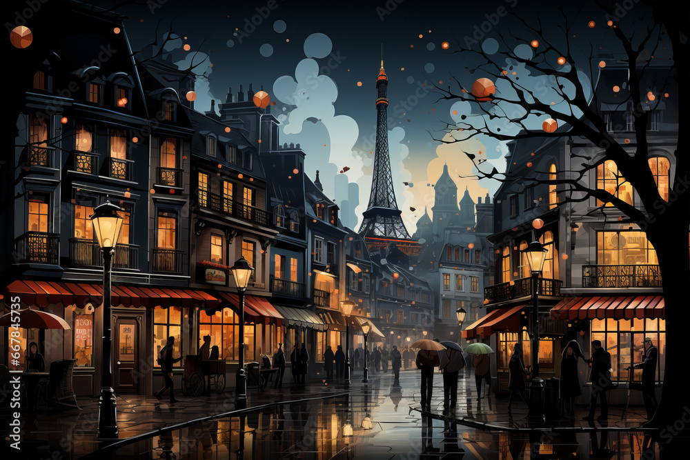 Painting of the city of Paris at night with the Eiffel Tower.