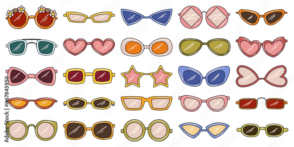 Set of different retro style, hippie sunglasses. Different shapes such a circle, heartshape, with flowers, star shape - obrazy, fototapety, plakaty 