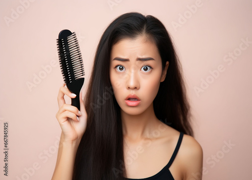 Serious asian young woman holding brush holding comb, hairbrush with fall black hair from scalp after brushing, looking on hand worry about balding. Health care, beauty treatment, hair loss problem