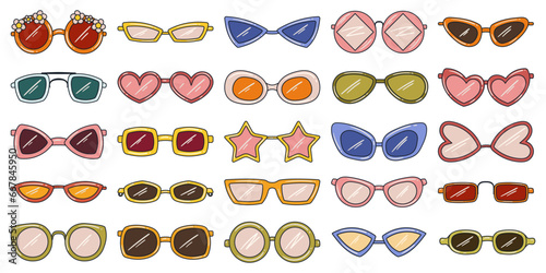 Set of different retro style, hippie sunglasses. Different shapes such a circle, heartshape, with flowers, star shape