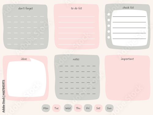 vector weekly planner, notes, stationery organizer for daily plans, schedules