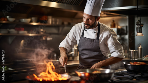 A man chef cooking in the kitchen of a restaurant