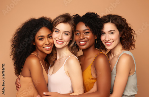 Four smiling multicultural women in underwear isolated on beige background