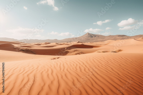 A landscape photo of an empty desert and a blue sky with some small clouds.