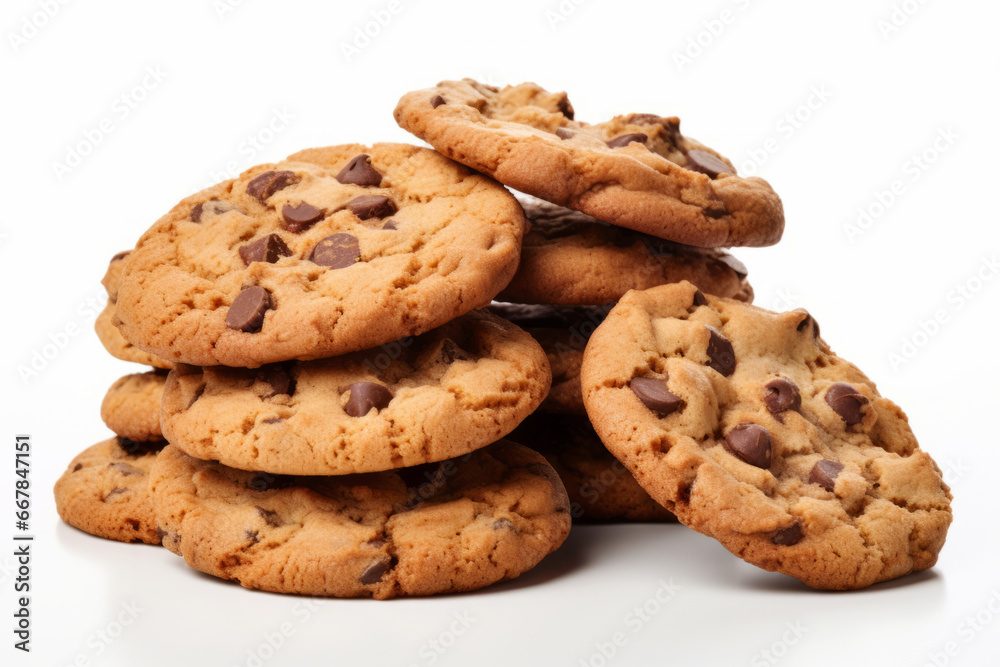 Chocolate chip cookies isolated on white background. Homemade cookies close up. Generative AI