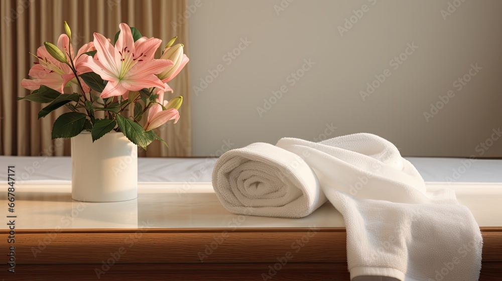 a single flower delicately placed on a stack of crisp towels in a modern, minimalist hotel room.