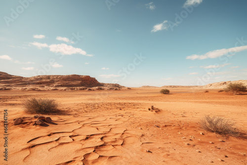 A landscape photo of an empty desert and a blue sky with some small clouds.