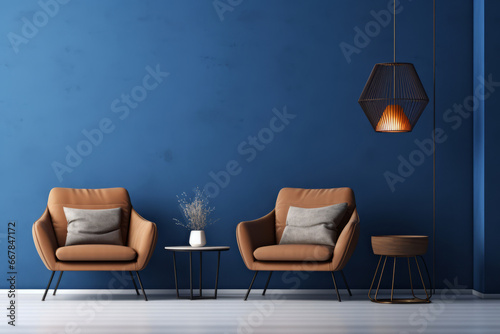 Modern cozy living room with two chairs and little table on deep blue background. Generative AI