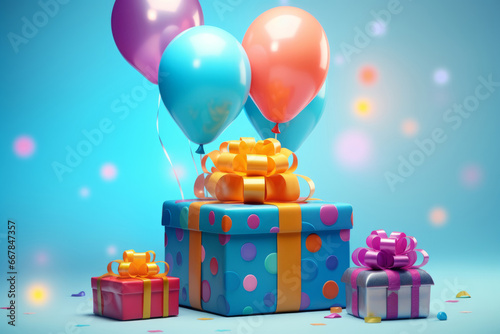 A festive kids birthday with balloons and gifts. Greeting card concept. Generative AI