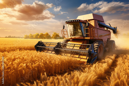 Digital painting of harvest season with harvester on a sunny day.