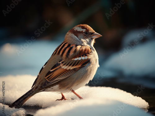 Sparrow sitting in the snow, close-up, winter © Мария Кривецкая