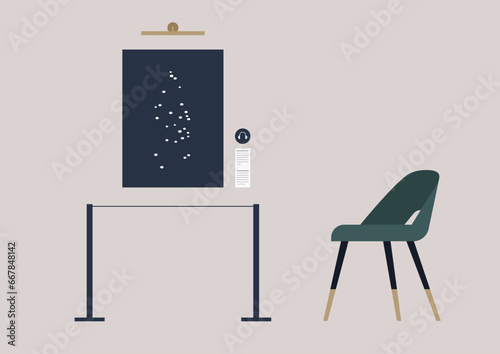 A painting is displayed on a wall in an art gallery, and an empty chair belonging to the museum attendant stands nearby