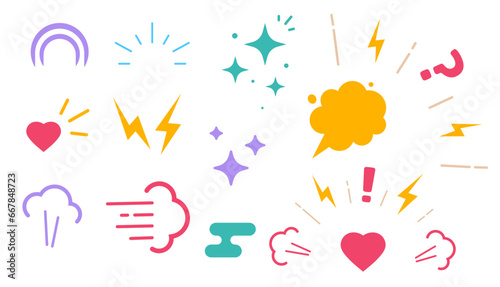Comic funny cartoon elements icons vector graphics set, angry happy fear surprise wow humor symbols, magic dreams spark sound flat, worry danger caution explosion blast, chat bubble speech image
