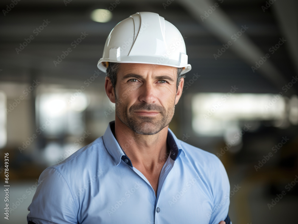 A male architect at a construction project, standing confidently and gazing directly at the camera, professional photography A male architect at a construction project, standing confidently and gazing directly at the camera, professional photography