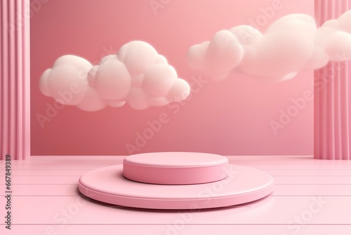 pink stage with cloud on pink background. 3D illustration. Generative AI © Khaled