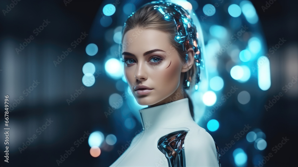 In this image, a futuristic AI android robot and a female cyborg ...