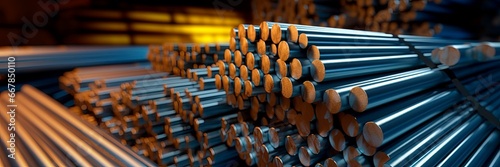 Rows of Steel Round Bar storage and stacking in the warehouse for industrial construction.