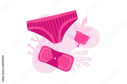 Means of personal hygiene during menstruation. Menstrual cup, reusable pad, underwear for menstruation. Vector illustration in flat style.