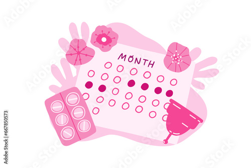 Calendar period of menstruation. Menstrual cup, pain reliever. PMS, calendar. Vector illustration in flat style.