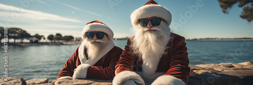 Two men dressed in santa suits posed on water - bay - ocean - lake - beach - holiday - vacation - getaway - festive  photo