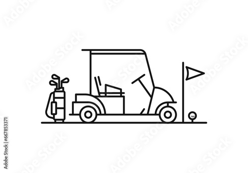 Line Art Golf Icons. Cart, Caddie Bag, Flag Hole Set Vector Illustration