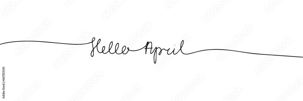 Hello April line art text banner. Handwriting spring short phrase in one line continuous style. Vector illustration. Hand drawn vector art. - obrazy, fototapety, plakaty 