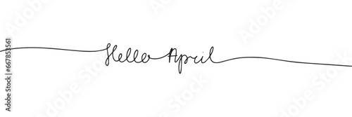 Hello April line art text banner. Handwriting spring short phrase in one line continuous style. Vector illustration. Hand drawn vector art.