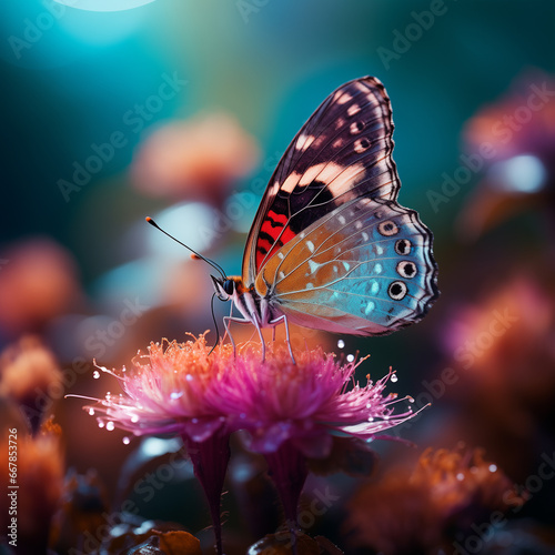 the butterfly is resting on a flower with a blurred background, in the style of dark teal and light magenta © alex