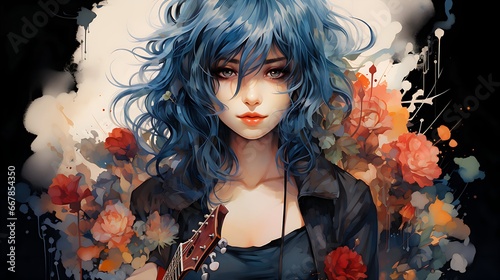 blue-haired woman with guitar