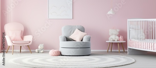 Spacious kids room with white circular carpet pink chic chair and baby bed with toy