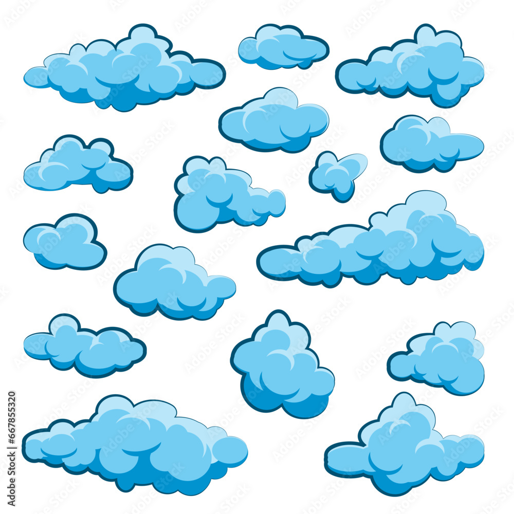 Painted cartoon clouds on blue background. Simple hand drawn round cloud, summer sky panorama, cloudscape. Flat design. Vector illustration