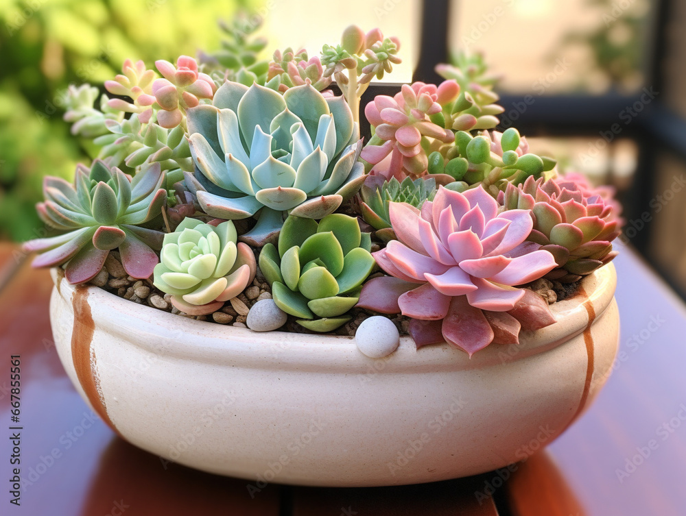 A vibrant collection of succulents in a stylish pot, exhibiting natural beauty and tranquility.